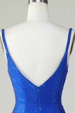 Bodycon Deep V Neck Royal Blue Short Cocktail Dress with Beading