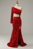 Mermaid One Shoulder Red Sequins Cut Out Ball Dress with Split Front