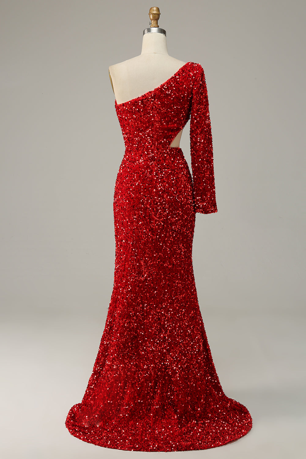 Mermaid One Shoulder Red Sequins Cut Out Ball Dress with Split Front