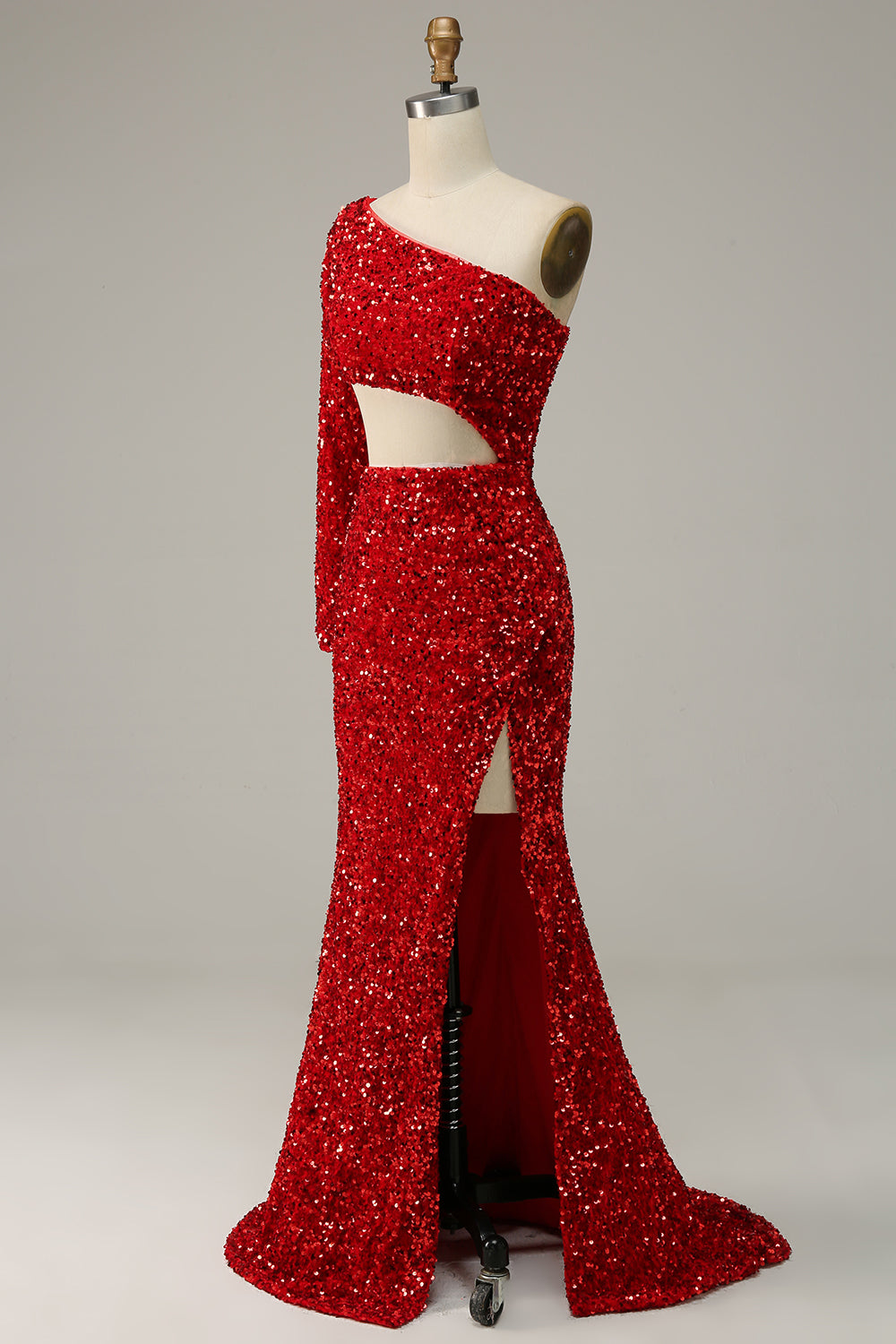 Mermaid One Shoulder Red Sequins Cut Out Ball Dress with Split Front