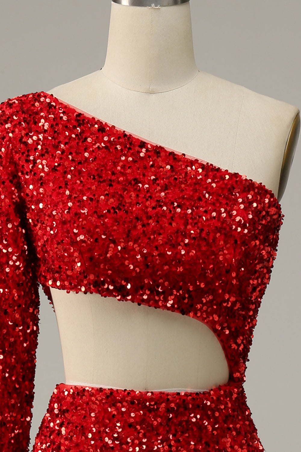Mermaid One Shoulder Red Sequins Cut Out Ball Dress with Split Front