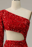 Mermaid One Shoulder Red Sequins Cut Out Ball Dress with Split Front