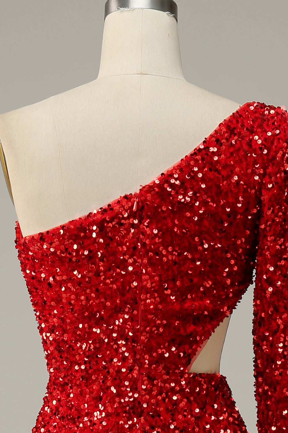 Mermaid One Shoulder Red Sequins Cut Out Ball Dress with Split Front