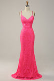 Mermaid Spaghetti Straps Sequined Hot Pink Long Ball Dress
