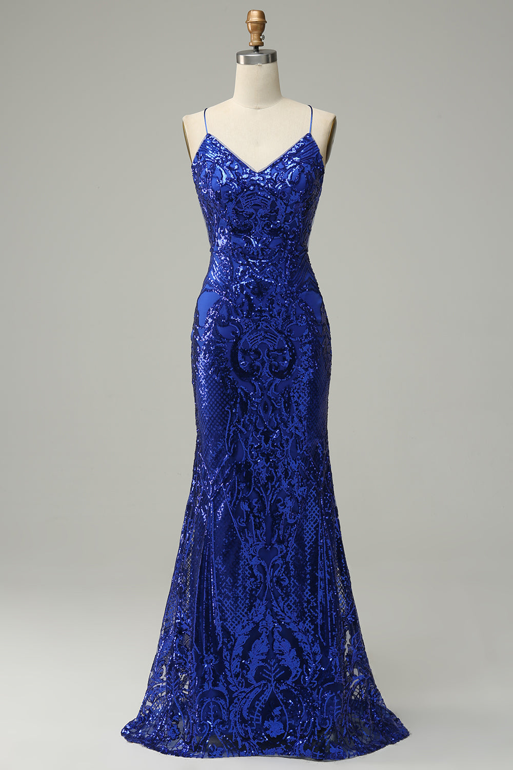 Mermaid Spaghetti Straps Royal Blue Sequins Long Ball Dress with Criss Cross Back