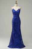 Mermaid Spaghetti Straps Royal Blue Sequins Long Ball Dress with Criss Cross Back