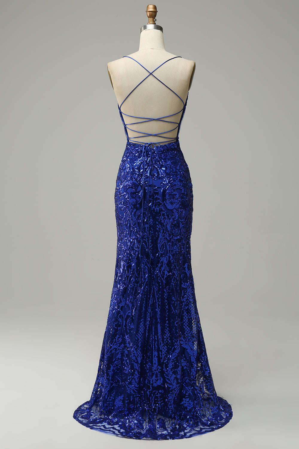 Mermaid Spaghetti Straps Royal Blue Sequins Long Ball Dress with Criss Cross Back