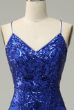 Mermaid Spaghetti Straps Royal Blue Sequins Long Ball Dress with Criss Cross Back