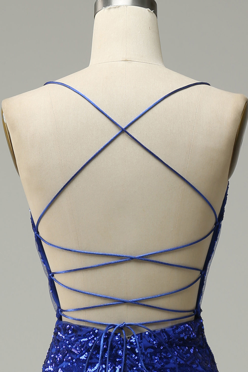 Mermaid Spaghetti Straps Royal Blue Sequins Long Ball Dress with Criss Cross Back