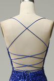 Mermaid Spaghetti Straps Royal Blue Sequins Long Ball Dress with Criss Cross Back