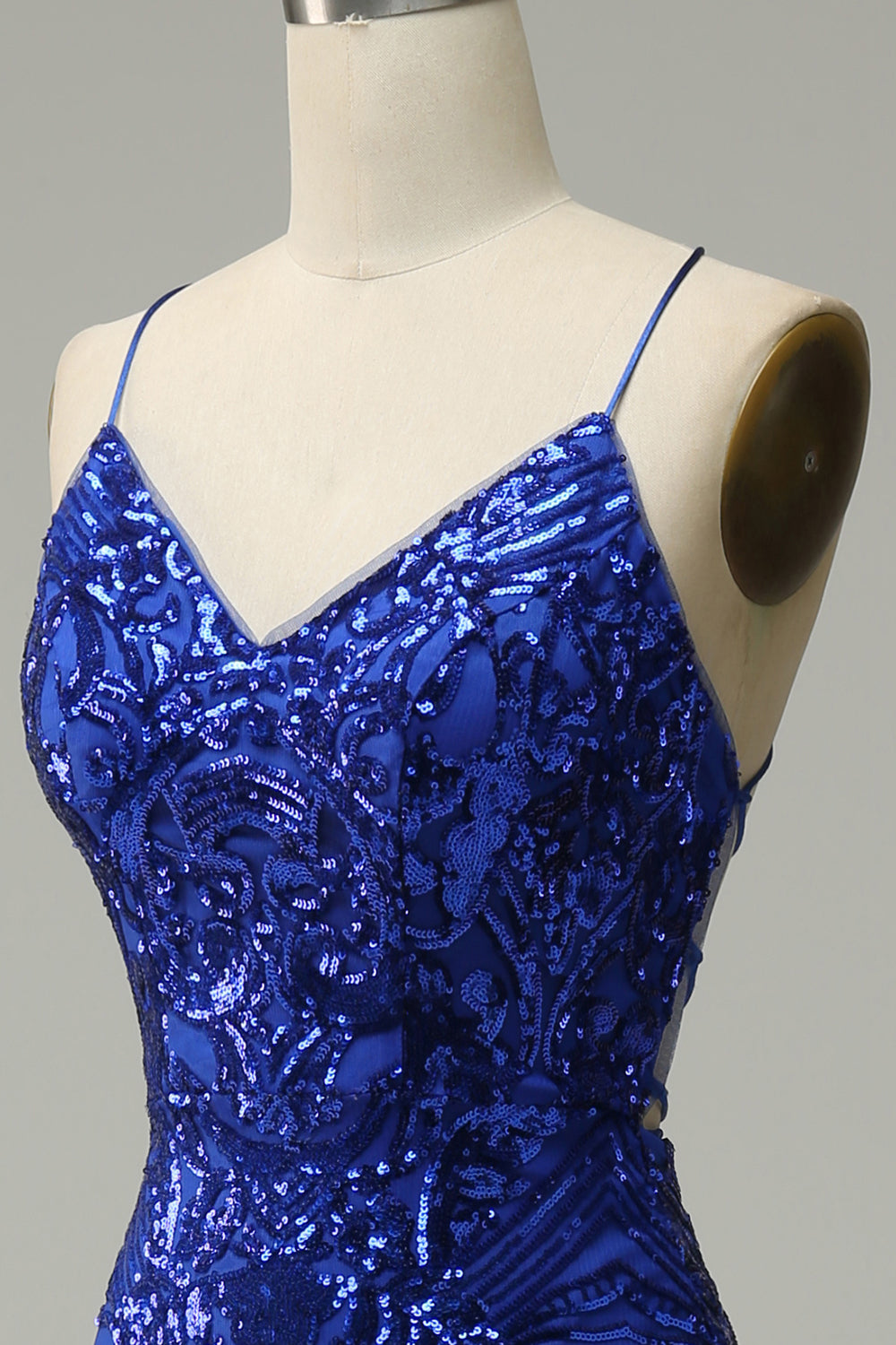 Mermaid Spaghetti Straps Royal Blue Sequins Long Ball Dress with Criss Cross Back
