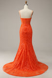 Orange Mermaid Spaghetti Straps Long Ball Dress with Split Front