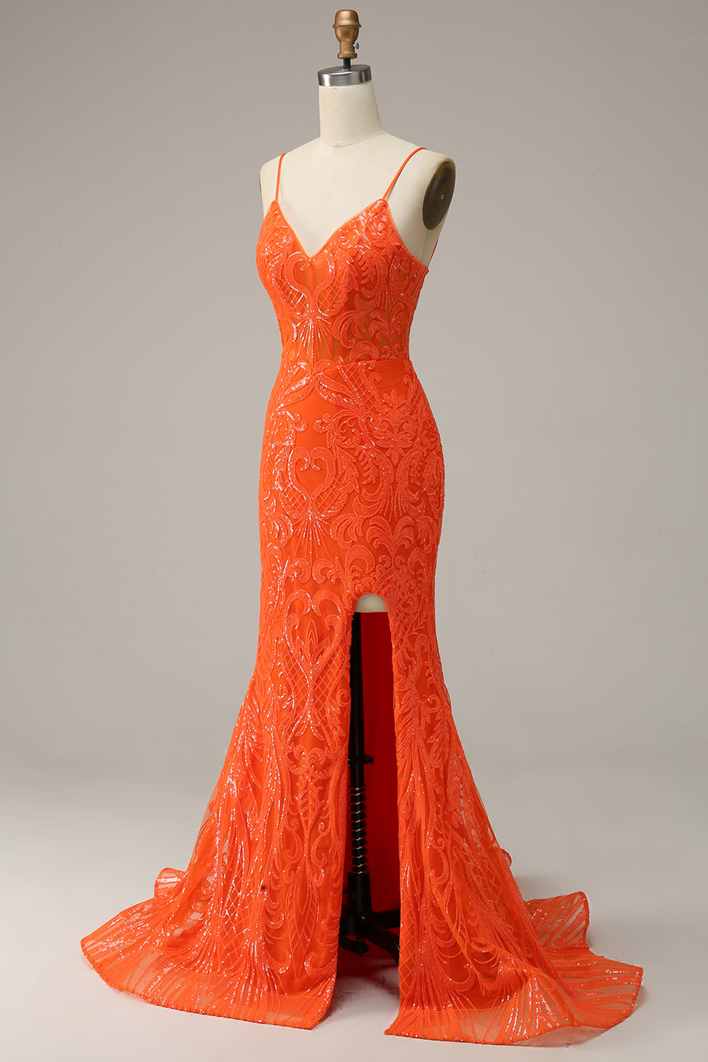 Orange Mermaid Spaghetti Straps Long Ball Dress with Split Front