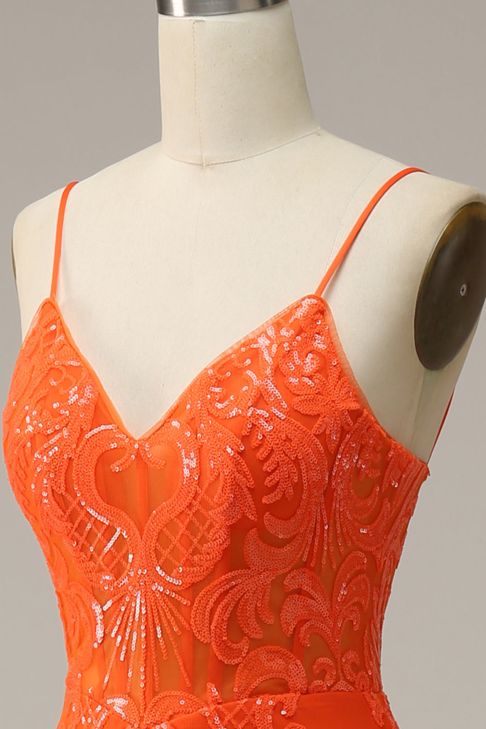Orange Mermaid Spaghetti Straps Long Ball Dress with Split Front