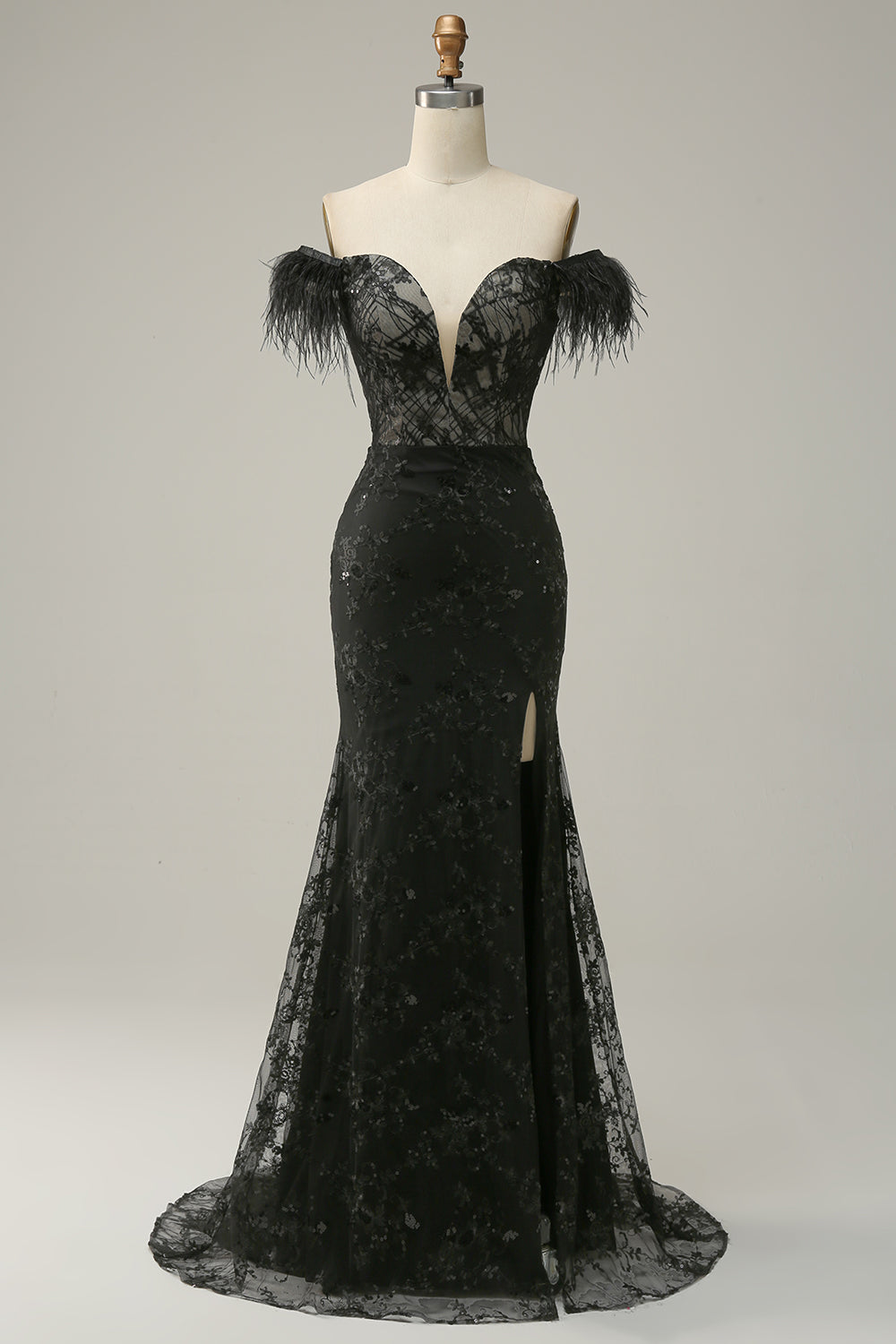 Mermaid Off the Shoulder Black Long Ball Dress with Feather