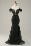 Mermaid Off the Shoulder Black Long Ball Dress with Feather