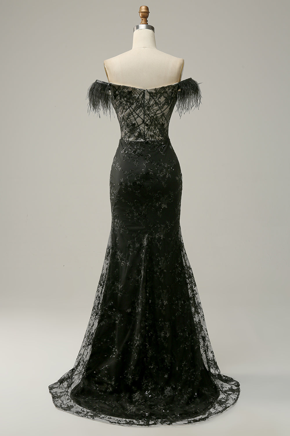 Mermaid Off the Shoulder Black Long Ball Dress with Feather