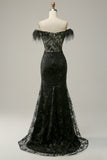 Mermaid Off the Shoulder Black Long Ball Dress with Feather