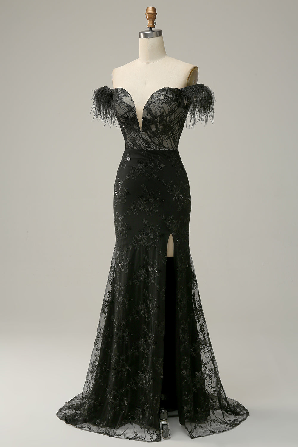 Mermaid Off the Shoulder Black Long Ball Dress with Feather