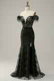 Mermaid Off the Shoulder Black Long Ball Dress with Feather