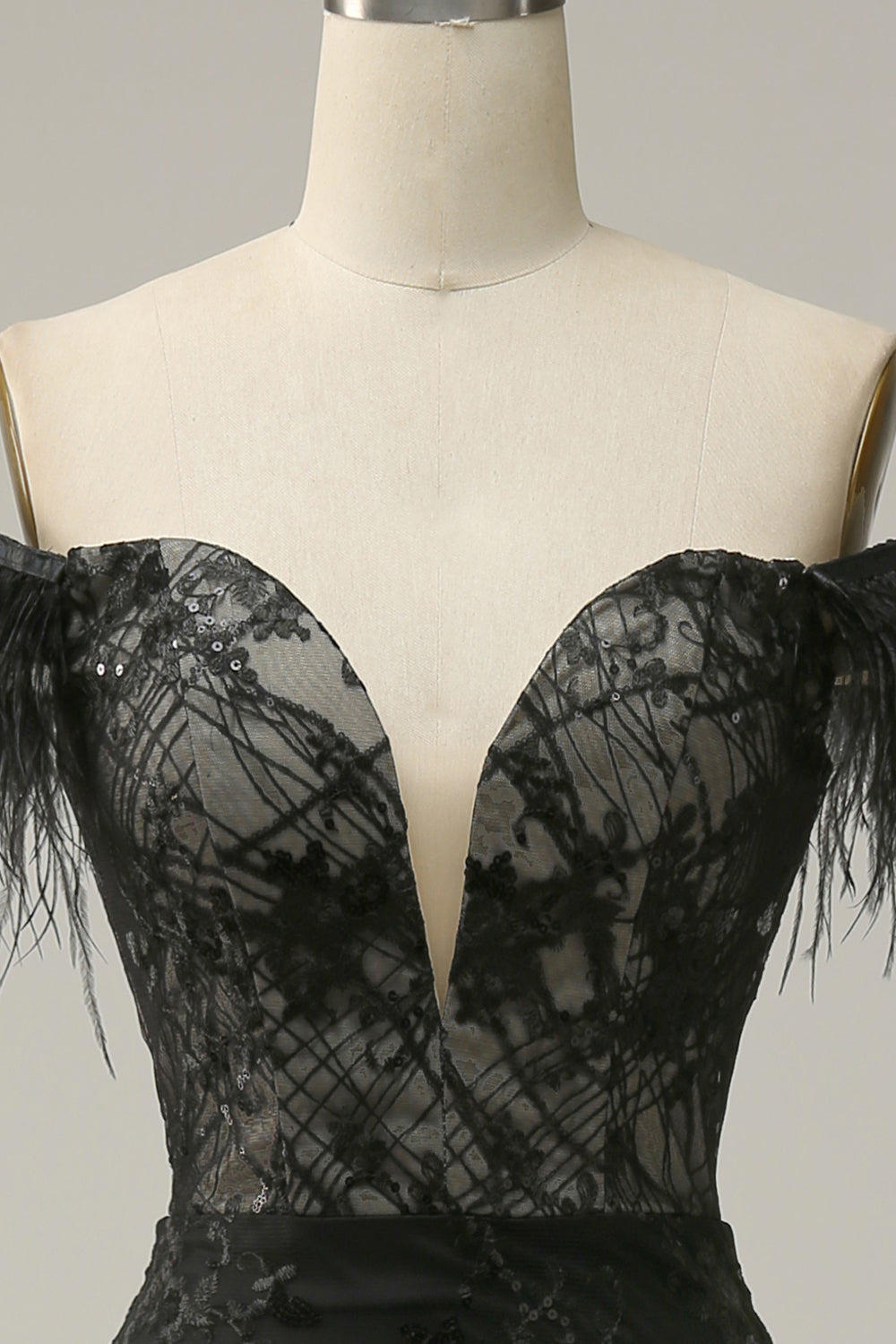 Mermaid Off the Shoulder Black Long Ball Dress with Feather