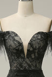 Mermaid Off the Shoulder Black Long Ball Dress with Feather