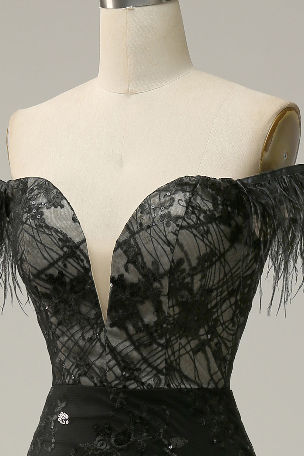 Mermaid Off the Shoulder Black Long Ball Dress with Feather
