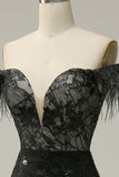Mermaid Off the Shoulder Black Long Ball Dress with Feather