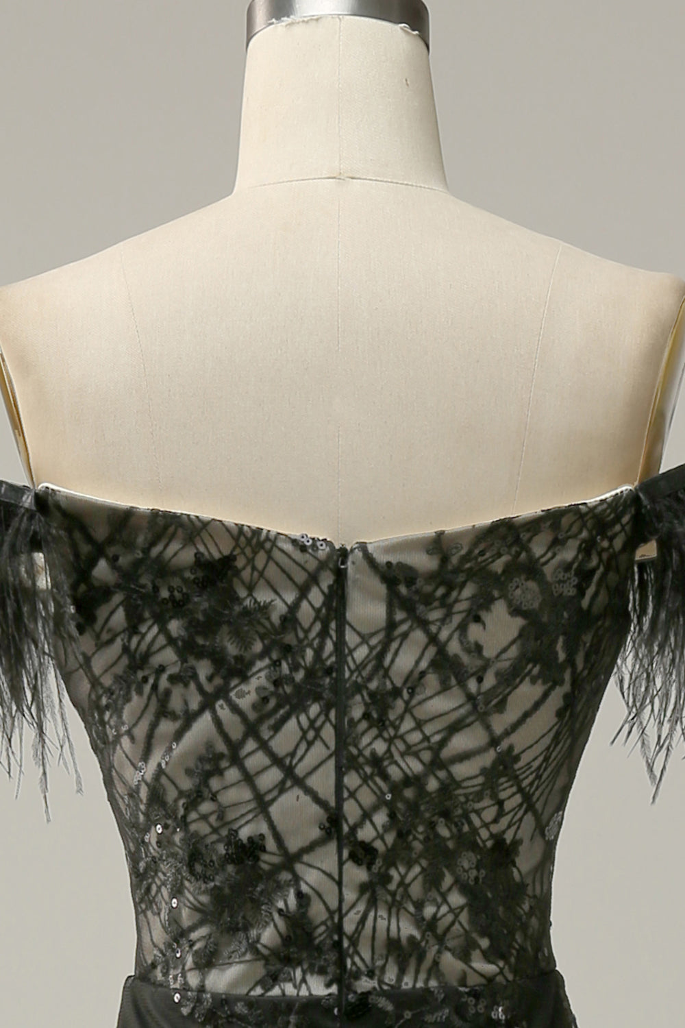 Mermaid Off the Shoulder Black Long Ball Dress with Feather