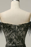 Mermaid Off the Shoulder Black Long Ball Dress with Feather