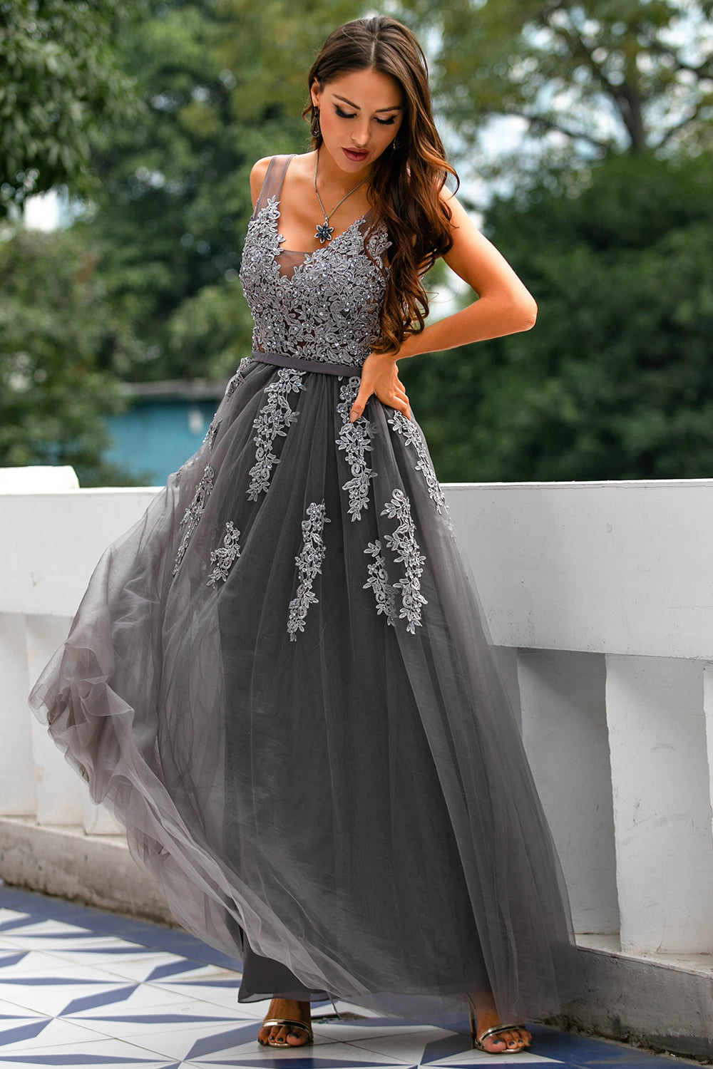 Grey Tulle Ball Dress with Appliques