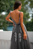Grey Tulle Ball Dress with Appliques