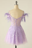 Blue Off Shoulder Cocktail Dress with Feathers