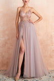 V-neck Grey Pink Tulle Ball Dress