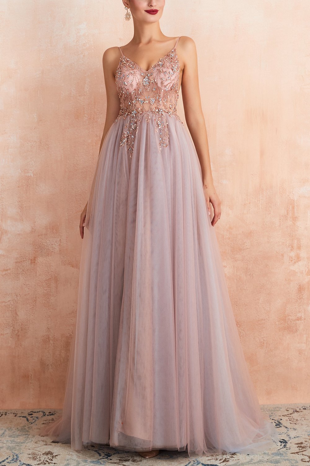 V-neck Grey Pink Tulle Ball Dress