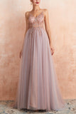 V-neck Grey Pink Tulle Ball Dress