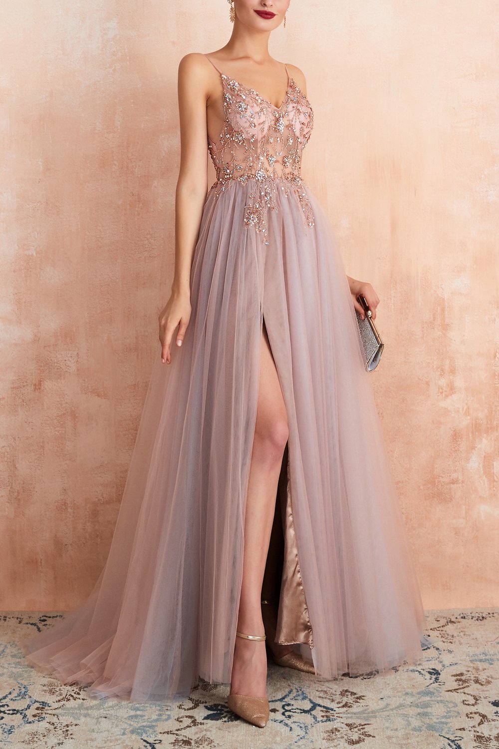 V-neck Grey Pink Tulle Ball Dress