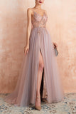 V-neck Grey Pink Tulle Ball Dress