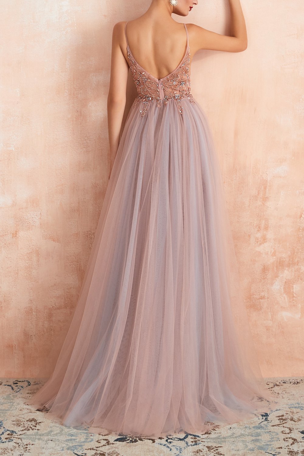 V-neck Grey Pink Tulle Ball Dress
