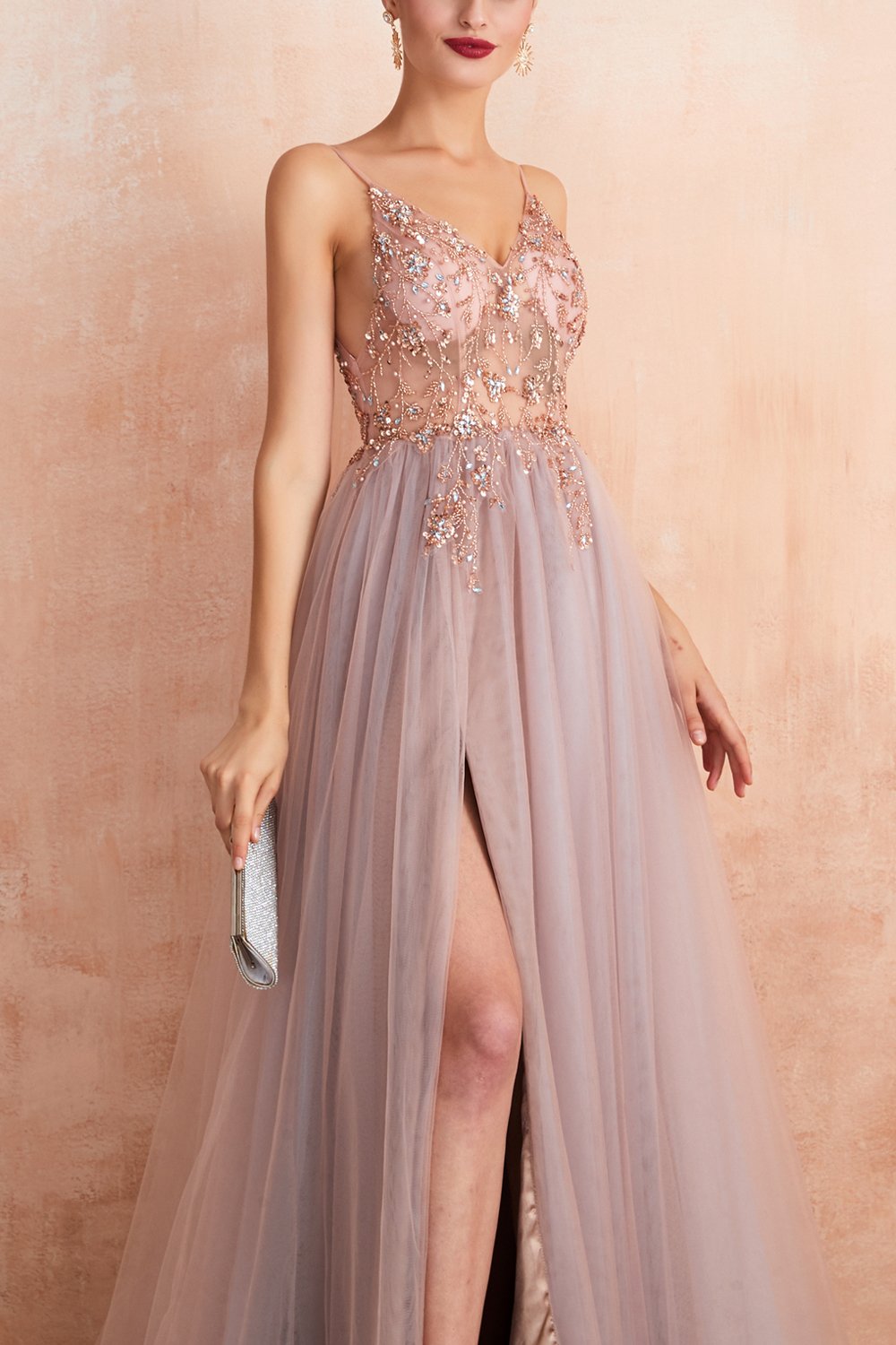 V-neck Grey Pink Tulle Ball Dress