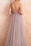 V-neck Grey Pink Tulle Ball Dress