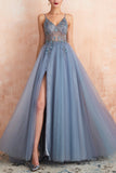 A Line Spaghetti Straps V-Neck Slit Tulle Ball Dress