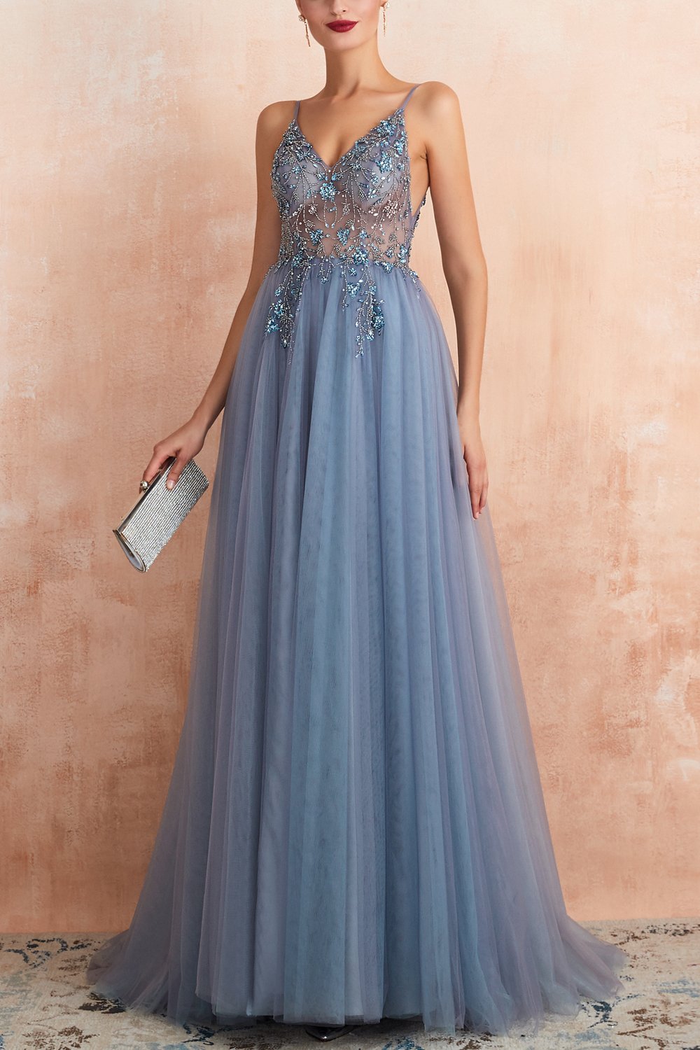 A Line Spaghetti Straps V-Neck Slit Tulle Ball Dress