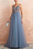 A Line Spaghetti Straps V-Neck Slit Tulle Ball Dress