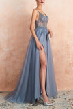 A Line Spaghetti Straps V-Neck Slit Tulle Ball Dress