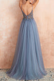 A Line Spaghetti Straps V-Neck Slit Tulle Ball Dress