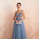 A Line Spaghetti Straps V-Neck Slit Tulle Ball Dress