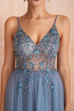 A Line Spaghetti Straps V-Neck Slit Tulle Ball Dress