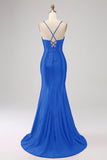 Stunning Red Mermaid Spaghetti Straps Corset Ball Dress with Split Front
