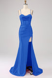 Stunning Red Mermaid Spaghetti Straps Corset Ball Dress with Split Front